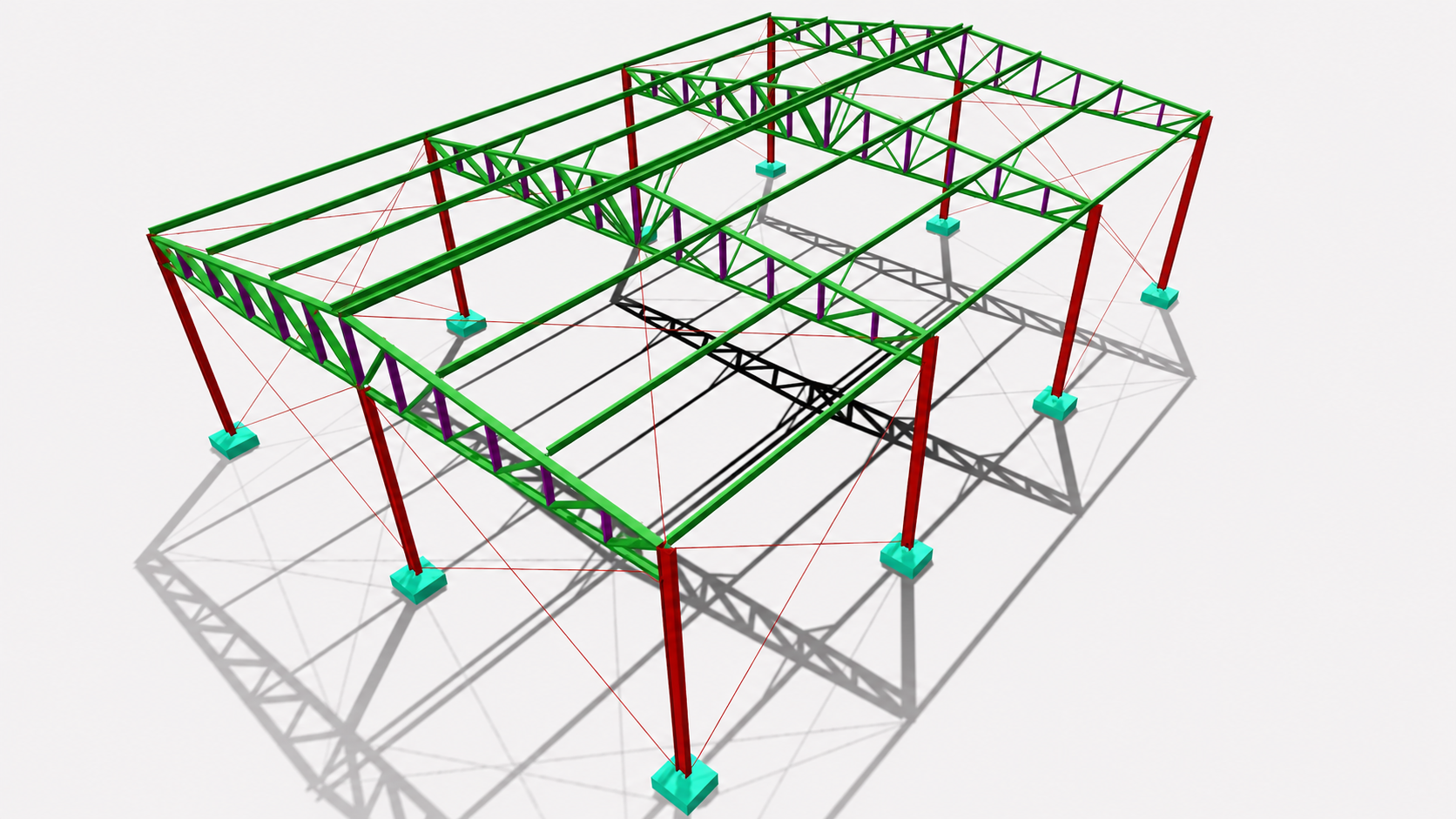 Modelo 3D da estrutura de cobertura com pilares, treliças e contraventamentos identificados por cores