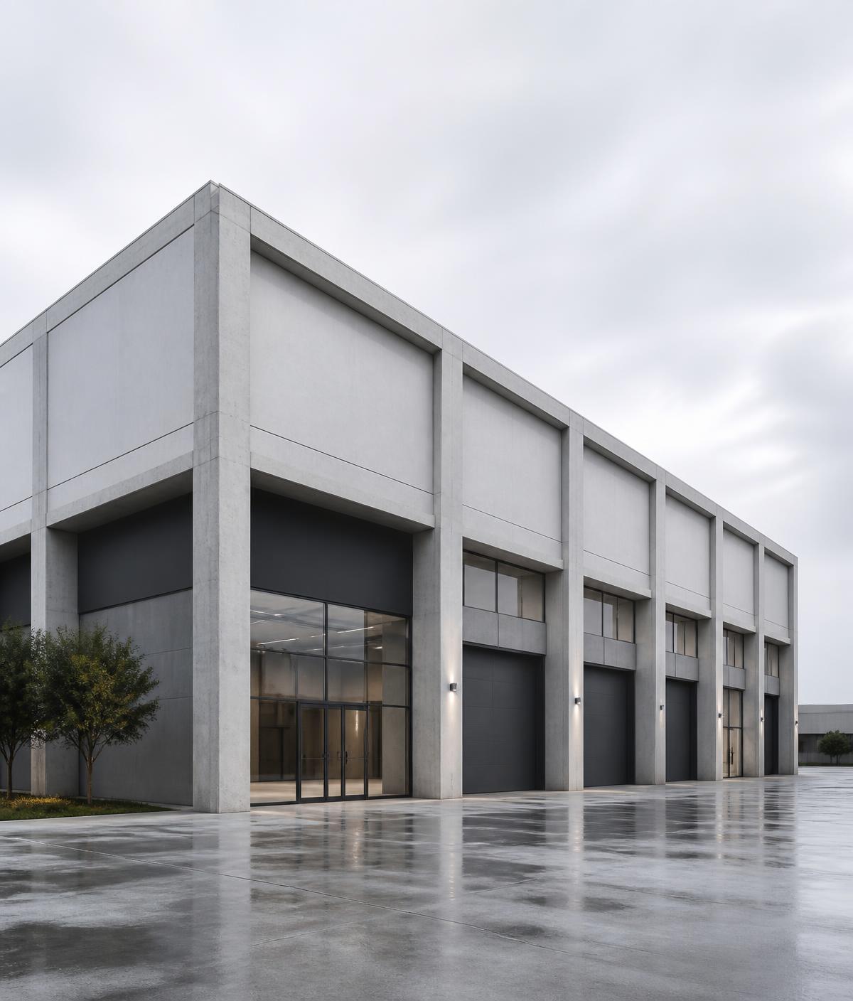 Renderização arquitetônica de estrutura industrial em concreto pré-moldado
